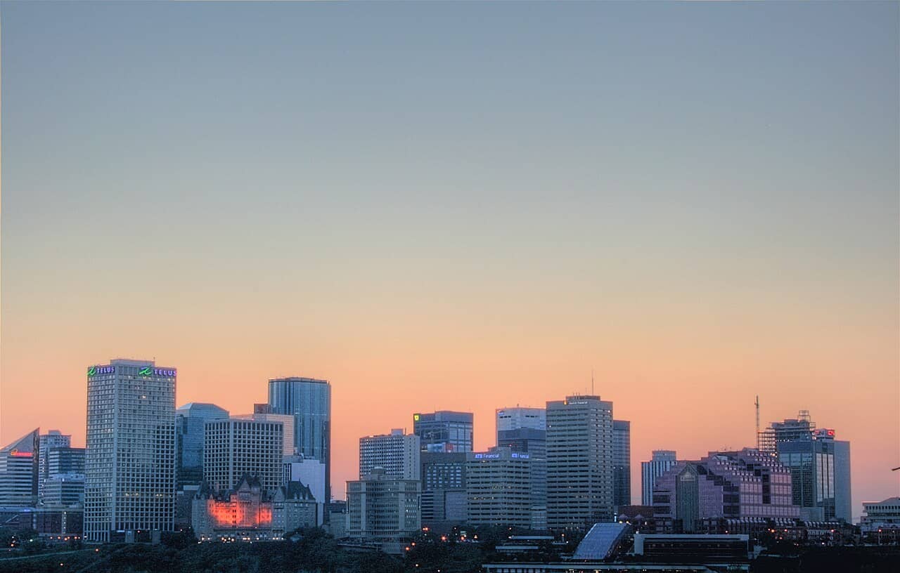 Edmonton skyline at sunset from Strathearn, with the Hotel Macdonald among the towers
