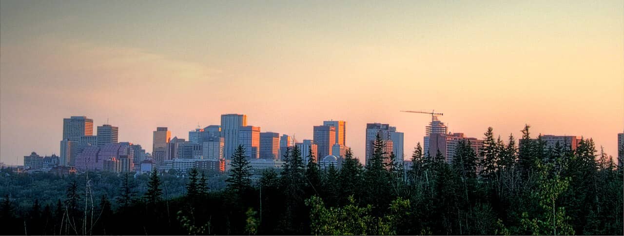 Edmonton skyline at dusk from the Highlands, over the river-valley treetops